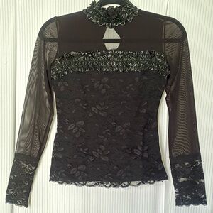 Sagaie Blouse Top Sheer Long Sleeves Lace Front and Cuffs Black Small